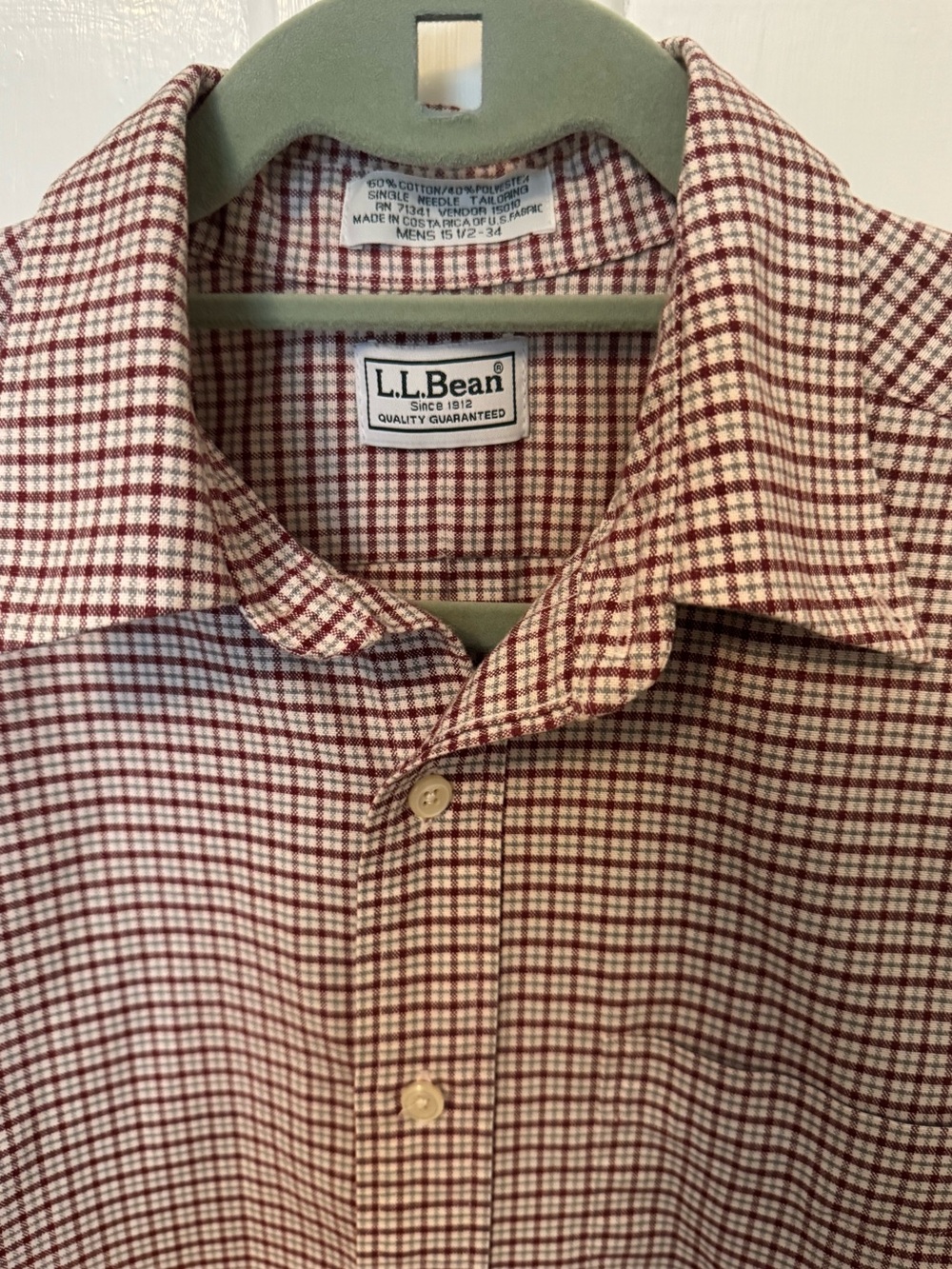 L.L. Bean Men's Burgundy and White Micro-Check Button-Down Shirt